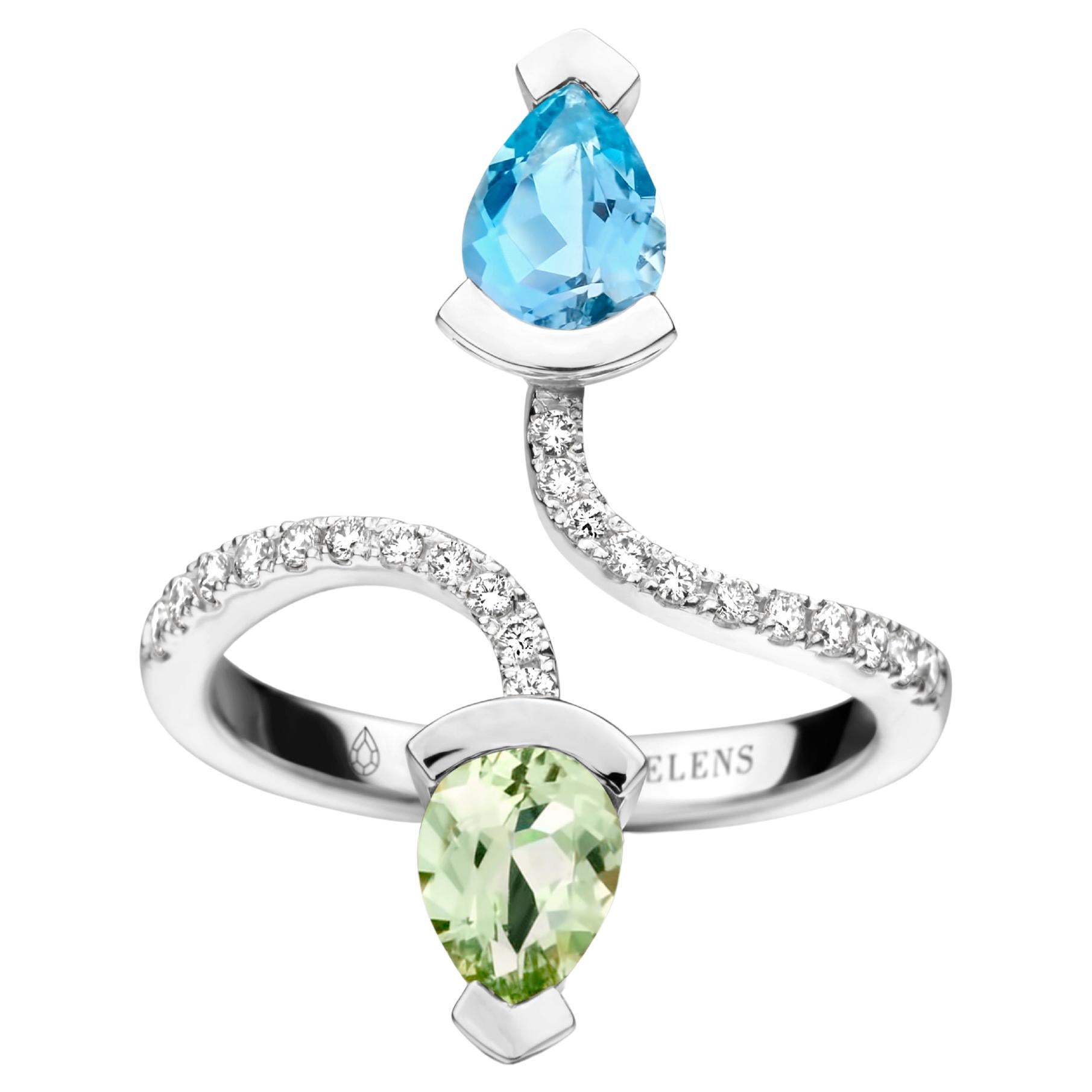 Bague cocktail en or blanc, aigue-marine et béryl vert