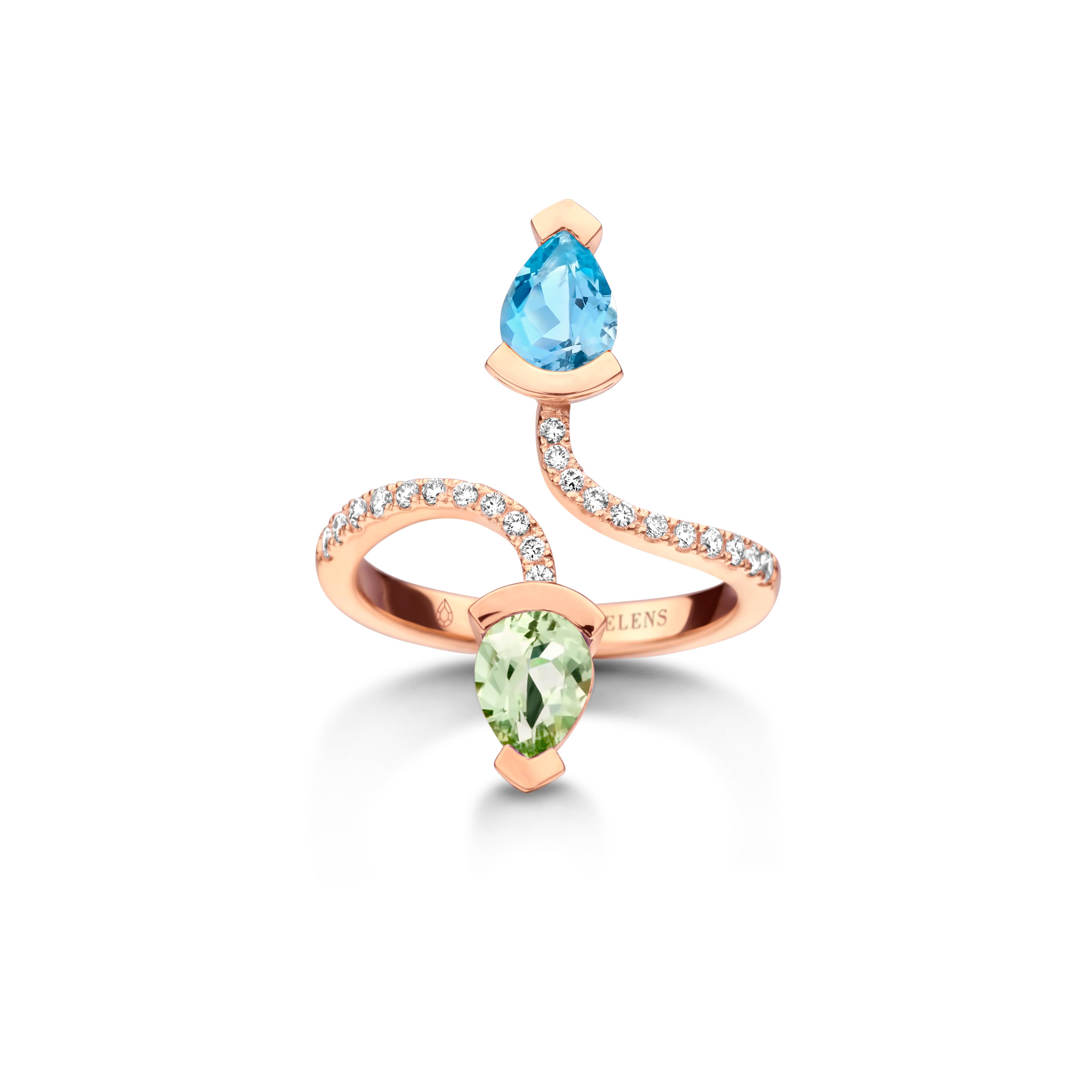 Adeline Duo ring in 18Kt yellow gold 5g set with a pear-shaped aquamarine 0,70 Ct, a pear-shaped green beryl 0,70 Ct and 0,19 Ct of white brilliant cut diamonds - VS F quality. Celine Roelens, a goldsmith and gemologist, is specialized in unique,
