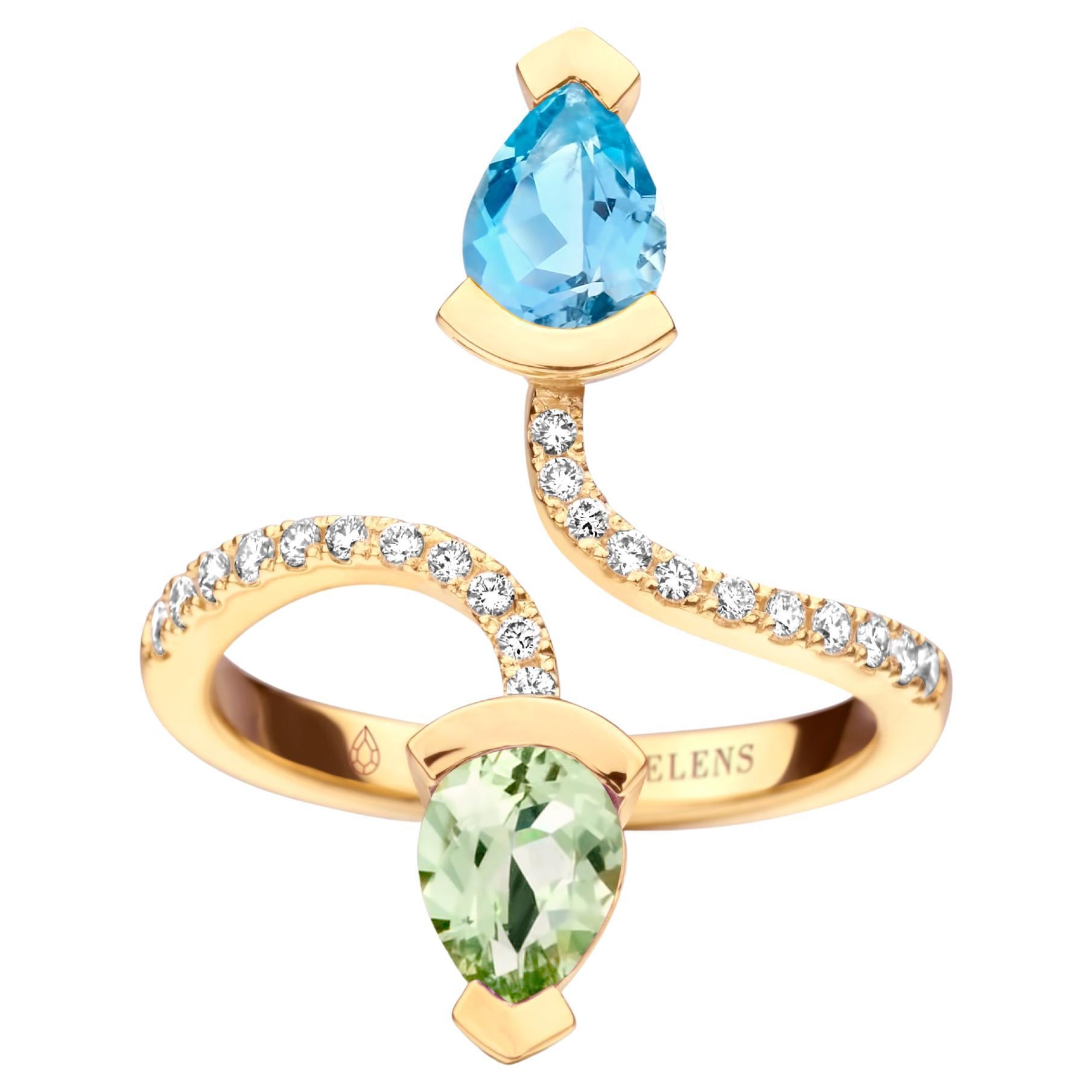 Aquamarine And Green Beryl Yellow Gold Diamond Cocktail Ring For Sale