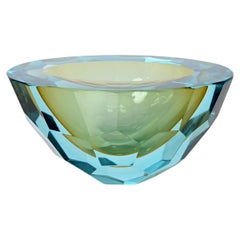 Aquamarine and Green Murano Diamond Faceted Sommerso Glass Bowl, Italy, 1960s
