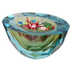 Aquamarine and Green Murano Diamond Faceted Sommerso Glass Bowl, Italy, 1960s