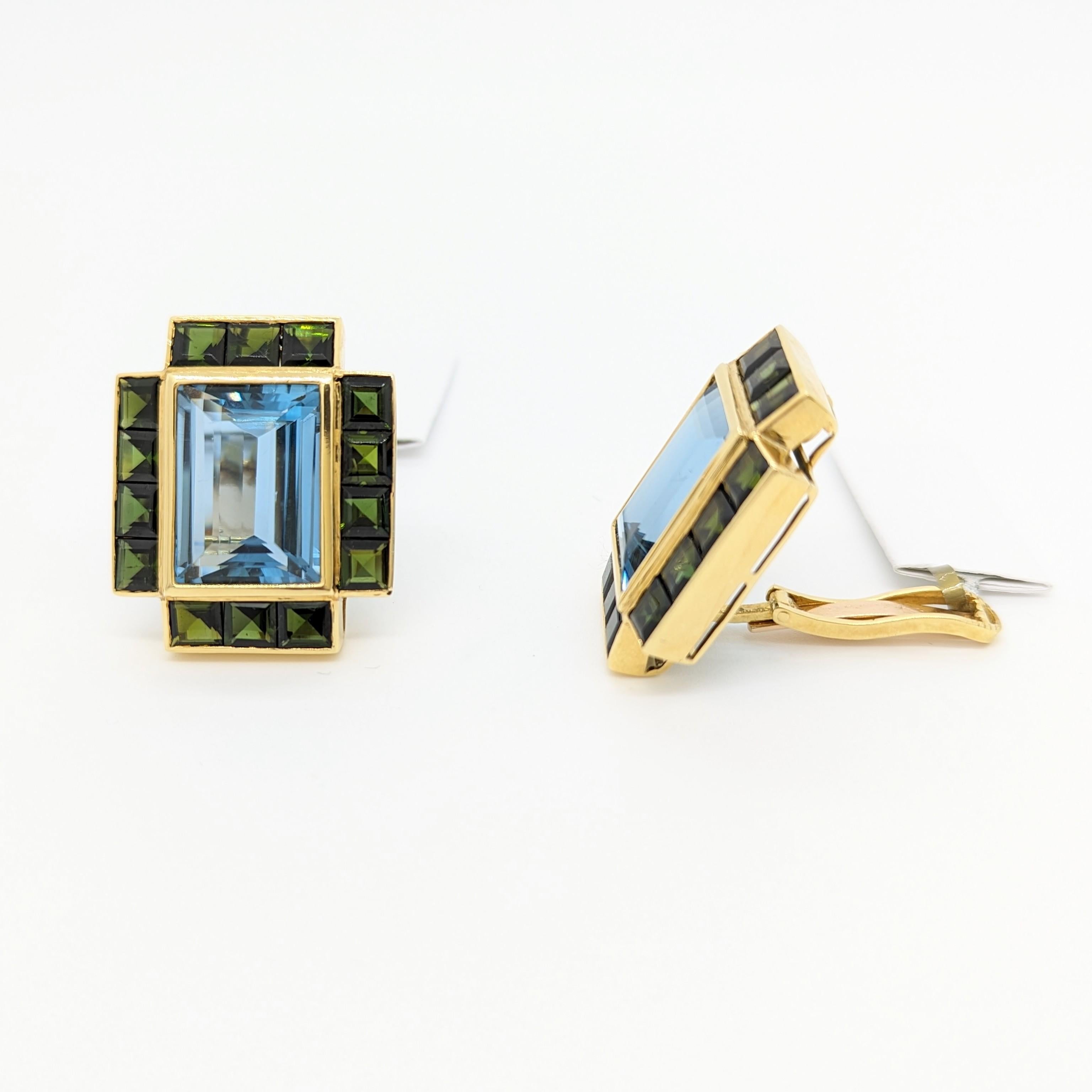 Aquamarine and Green Tourmaline Earrings in 18K Yellow Gold In New Condition For Sale In Los Angeles, CA