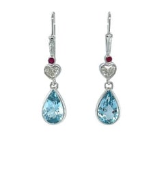 Aquamarine and Heart Shaped Diamond Dangle Earrings with Rubies in White Gold