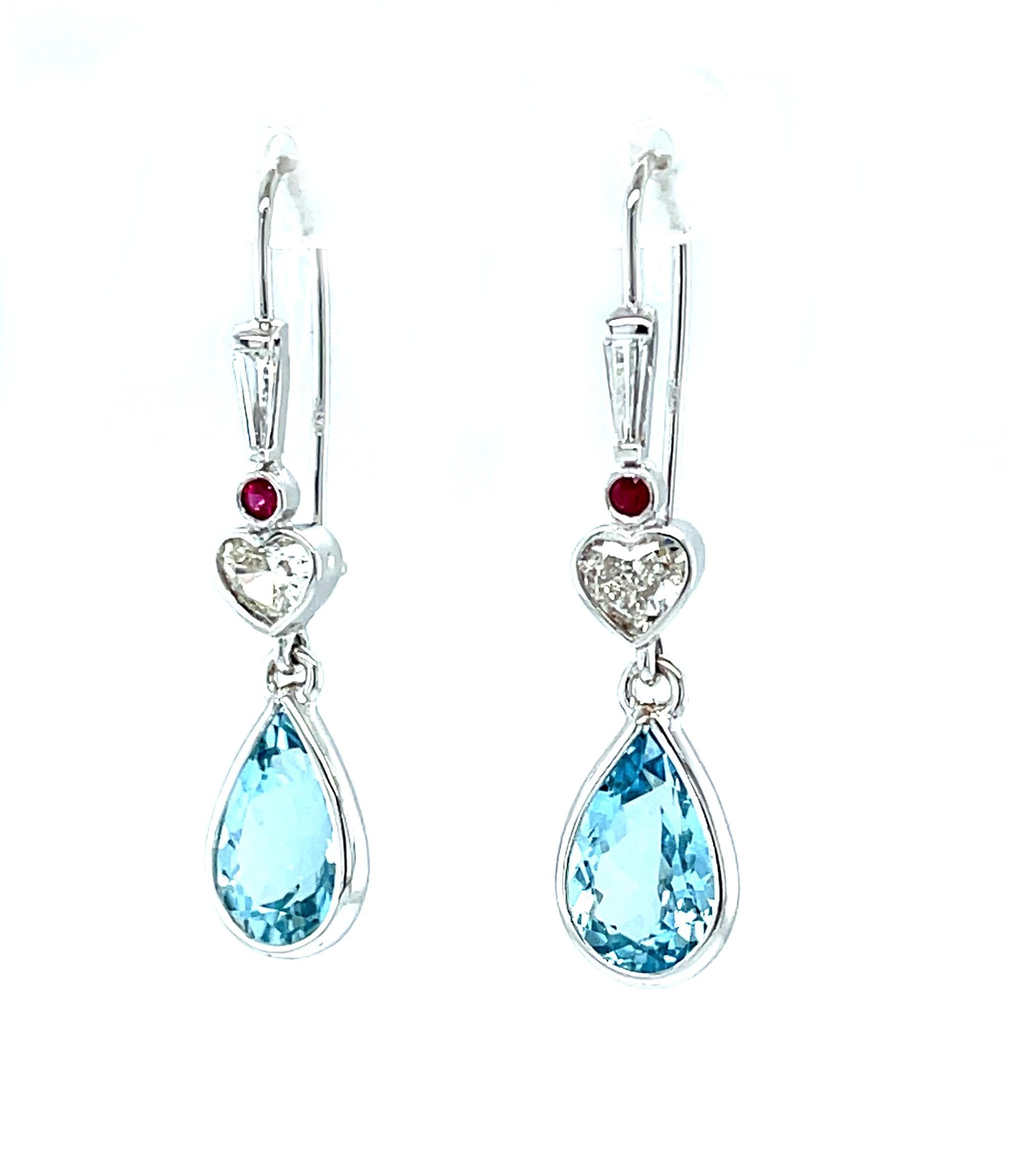 Artisan Aquamarine and Heart Shaped Diamond Dangle Earrings with Rubies in White Gold  For Sale
