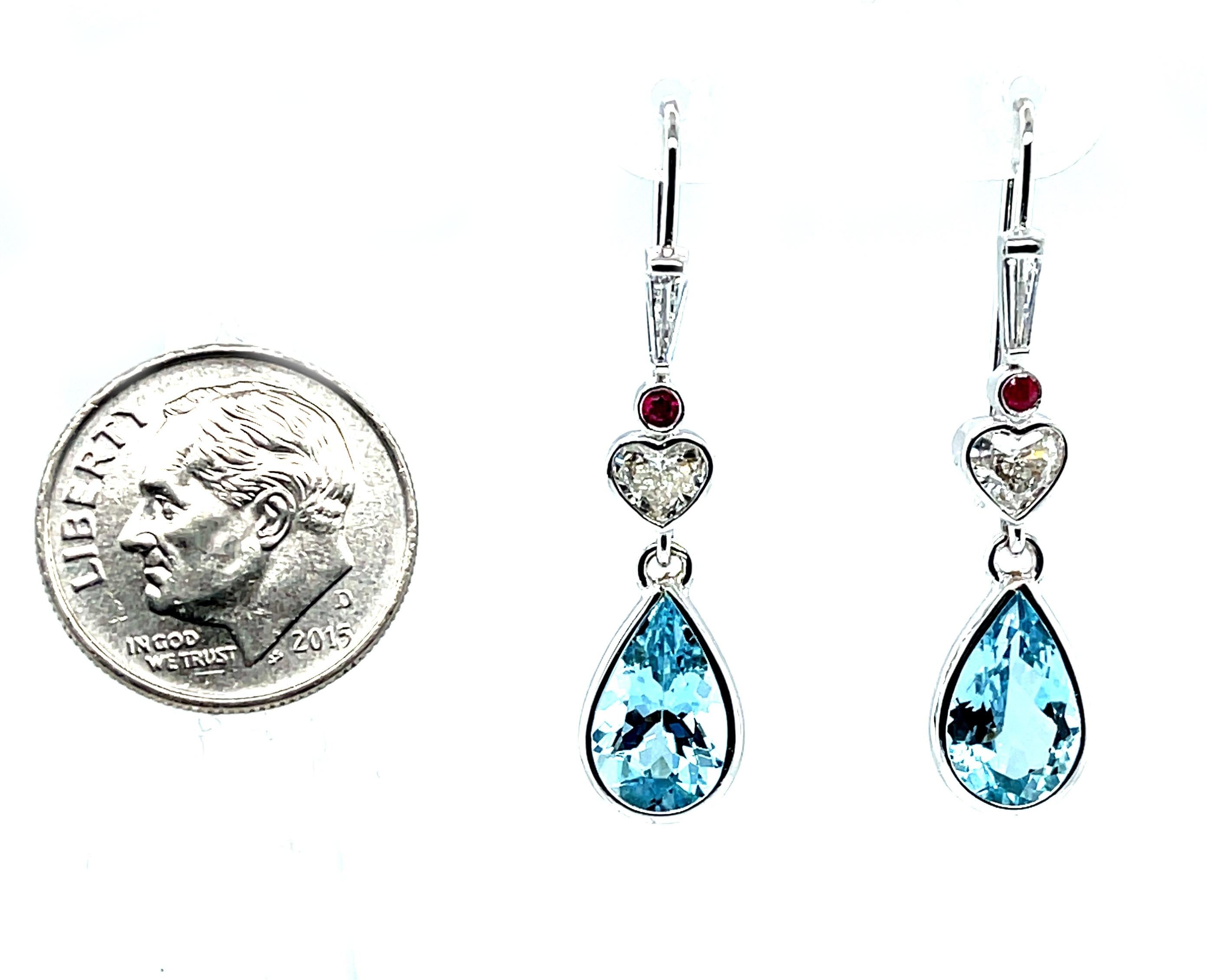 Pear Cut Aquamarine and Heart Shaped Diamond Dangle Earrings with Rubies in White Gold  For Sale
