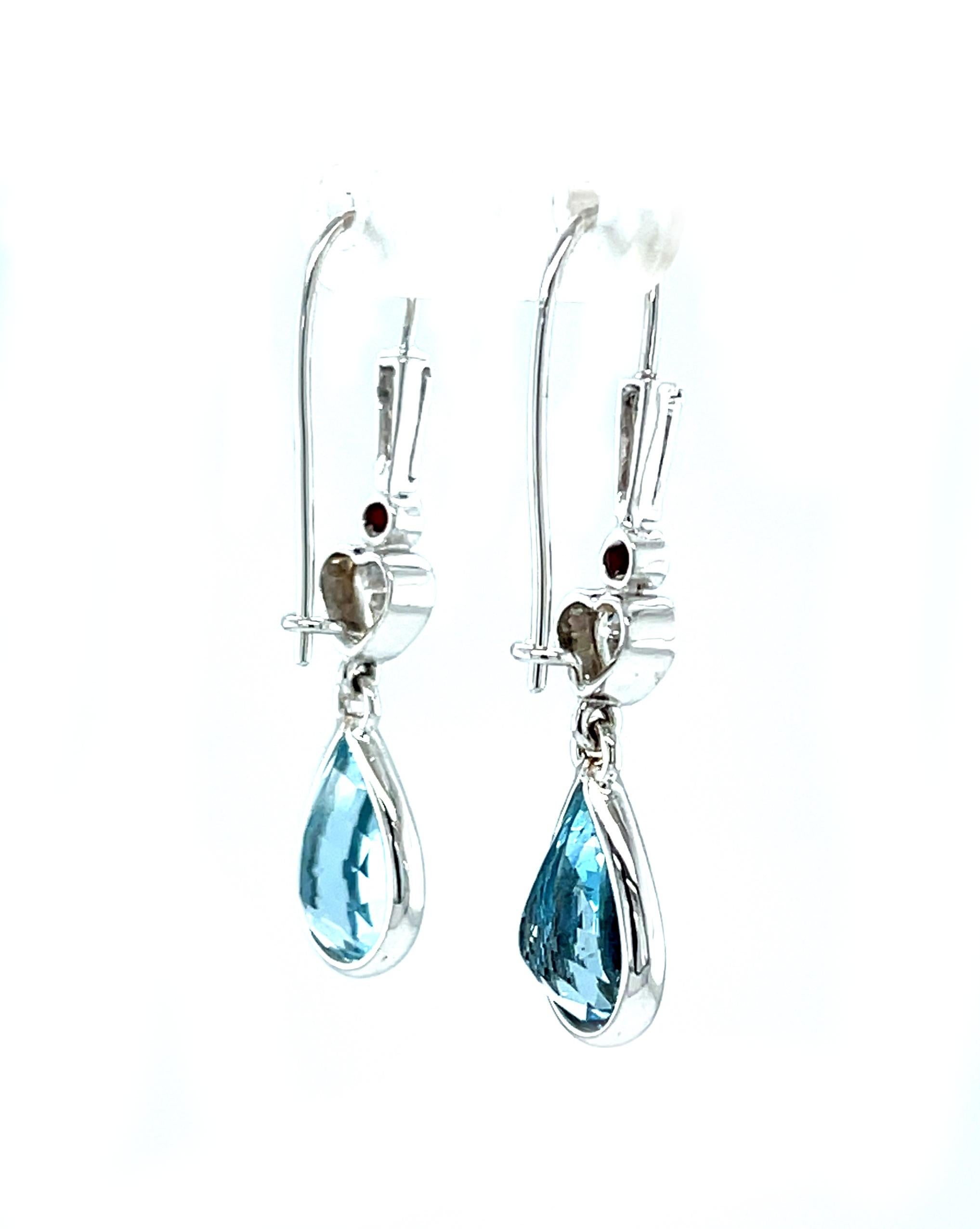 Aquamarine and Heart Shaped Diamond Dangle Earrings with Rubies in White Gold For Sale 2
