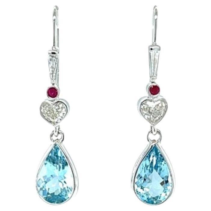 Aquamarine and Heart Shaped Diamond Dangle Earrings with Rubies in White Gold  For Sale