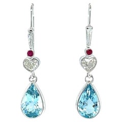Aquamarine and Heart Shaped Diamond Dangle Earrings with Rubies in White Gold