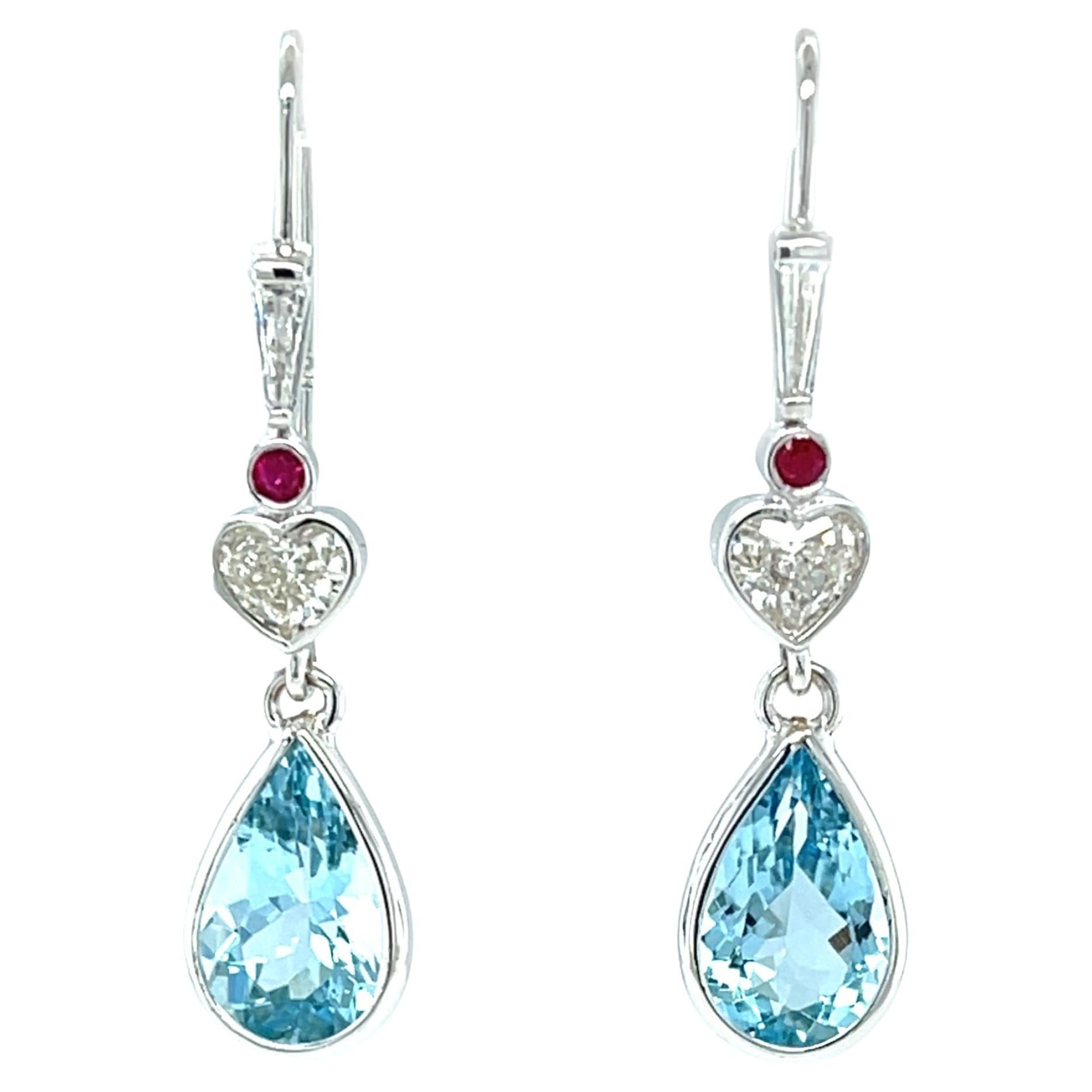 18k White Gold Aquamarine and Heart Diamond Dangle Earrings, 3.90ct For Sale