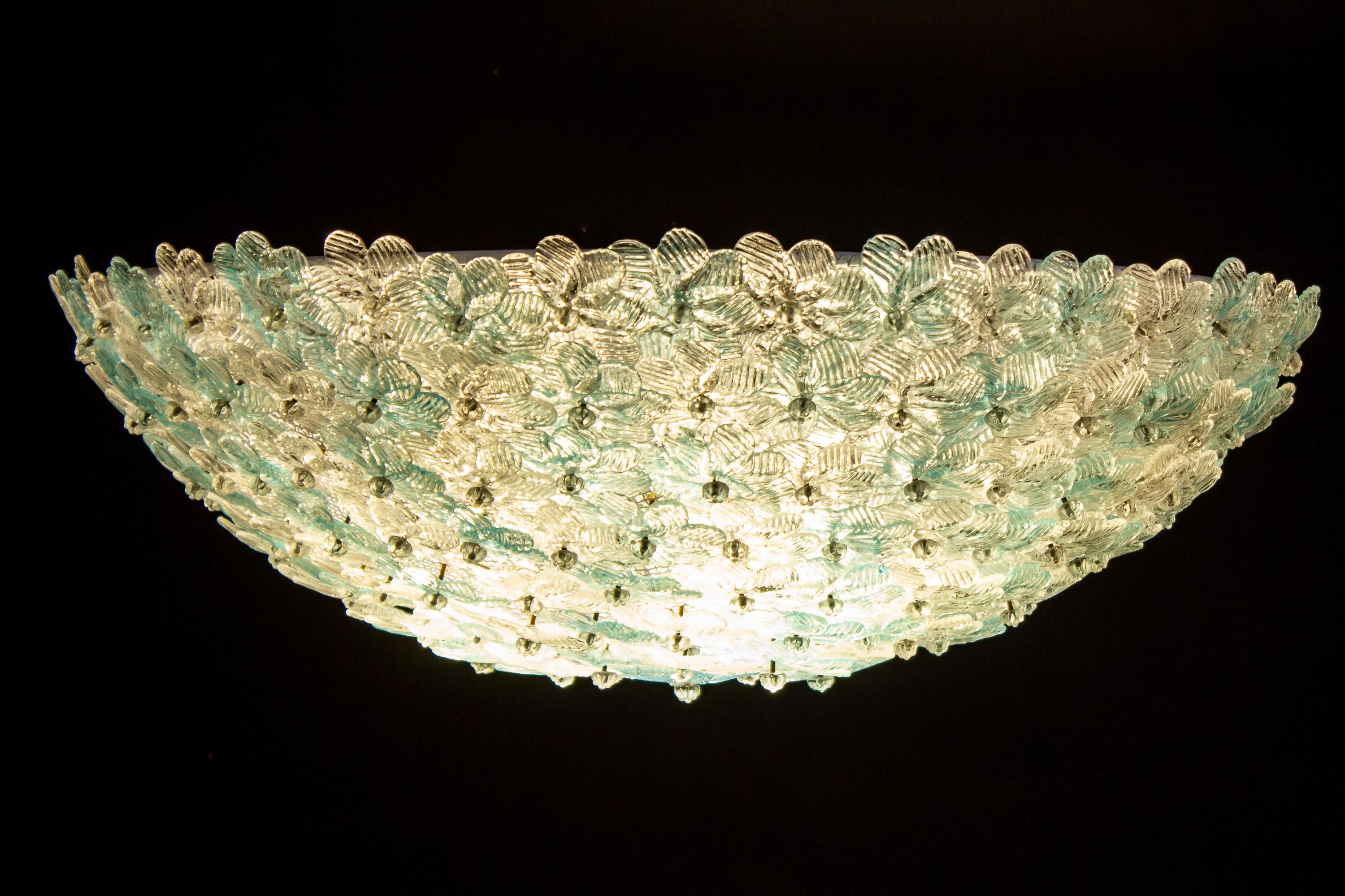 Aquamarine and Ice Murano Glass Flowers Basket Ceiling Light by Barovier & Toso For Sale 1