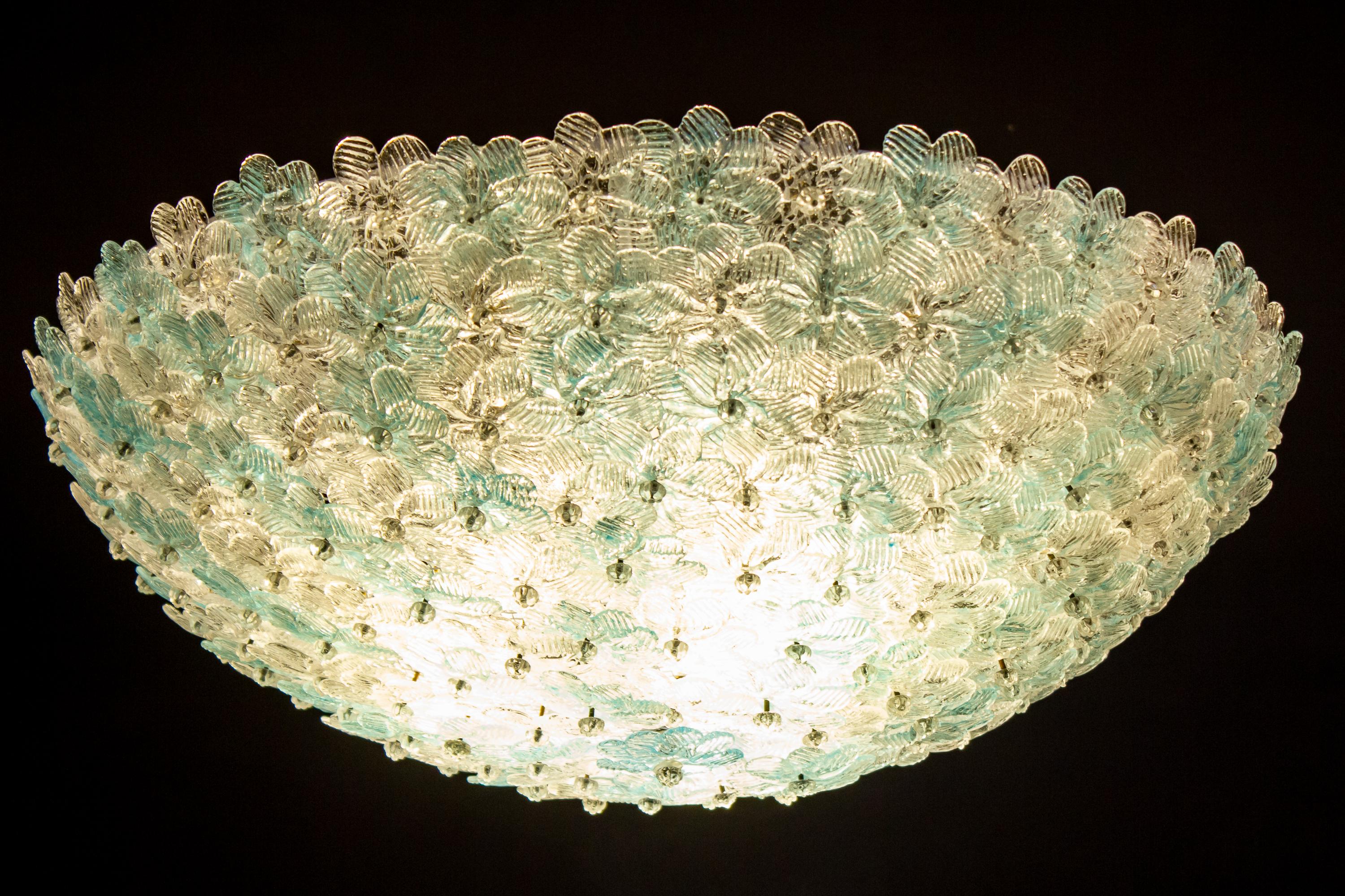 Aquamarine and Ice Murano Glass Flowers Basket Ceiling Light by Barovier & Toso For Sale 2