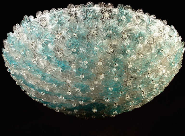 Aquamarine and Ice Murano Glass Flowers Basket Ceiling Light by Barovier & Toso For Sale 5