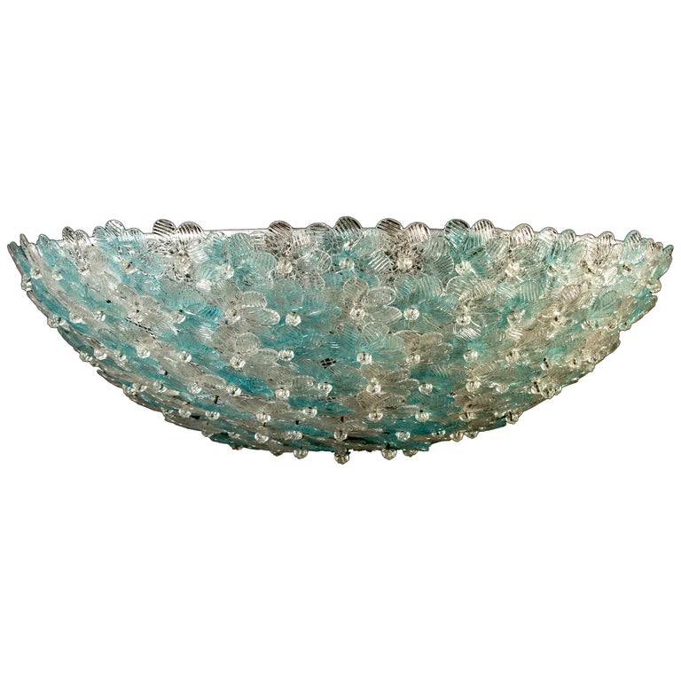 Amazing Mid-Century Modern hand blown Italian flush mount chandelier featuring overlapping crystal flowers, Aquamarine and ice, mounted on a webbed white painted frame.

Measures: Height
9.45 in. (24 cm).
Diameter
23.62 in. (60 cm).
5 x E27 \