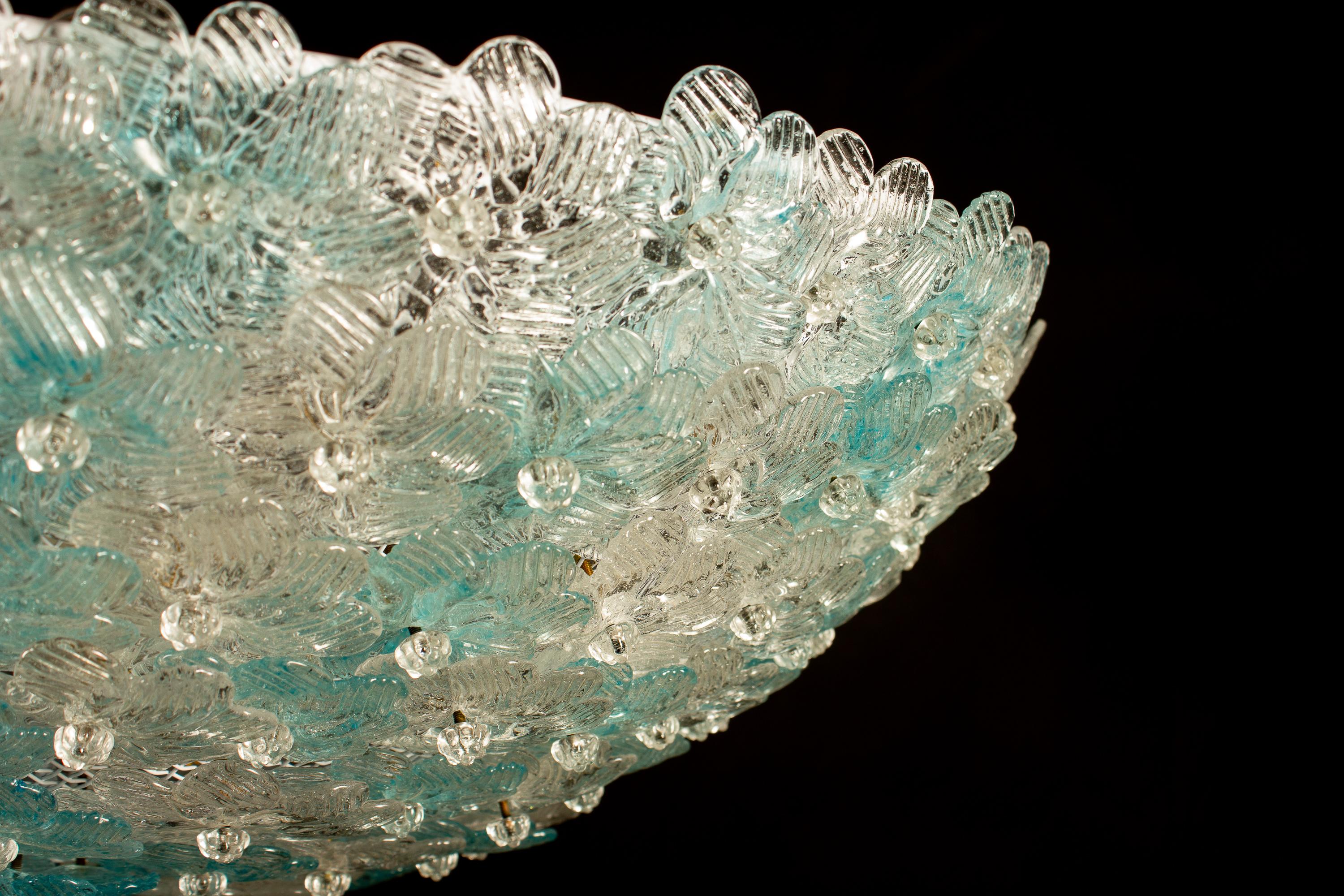 Italian Aquamarine and Ice Murano Glass Flowers Basket Ceiling Light by Barovier & Toso