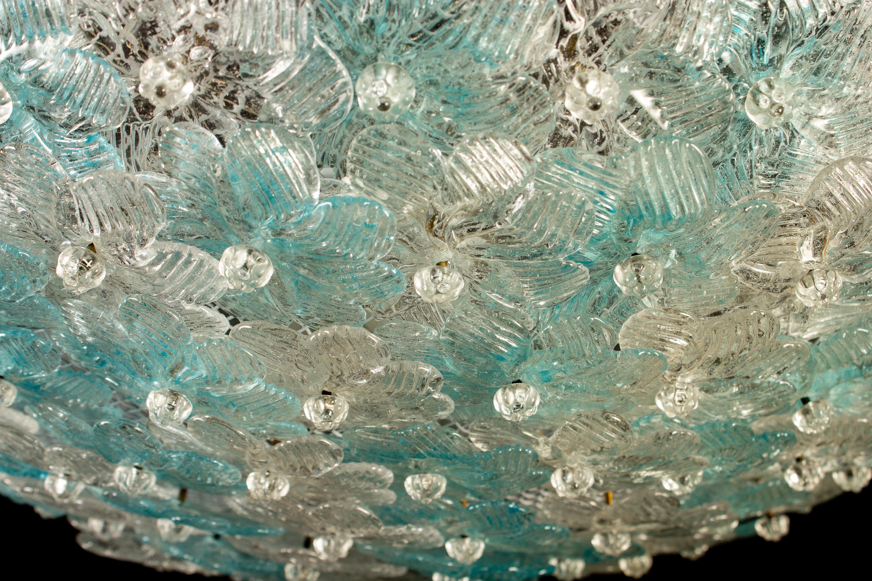 Mid-Century Modern Aquamarine and Ice Murano Glass Flowers Basket Ceiling Light by Barovier & Toso For Sale