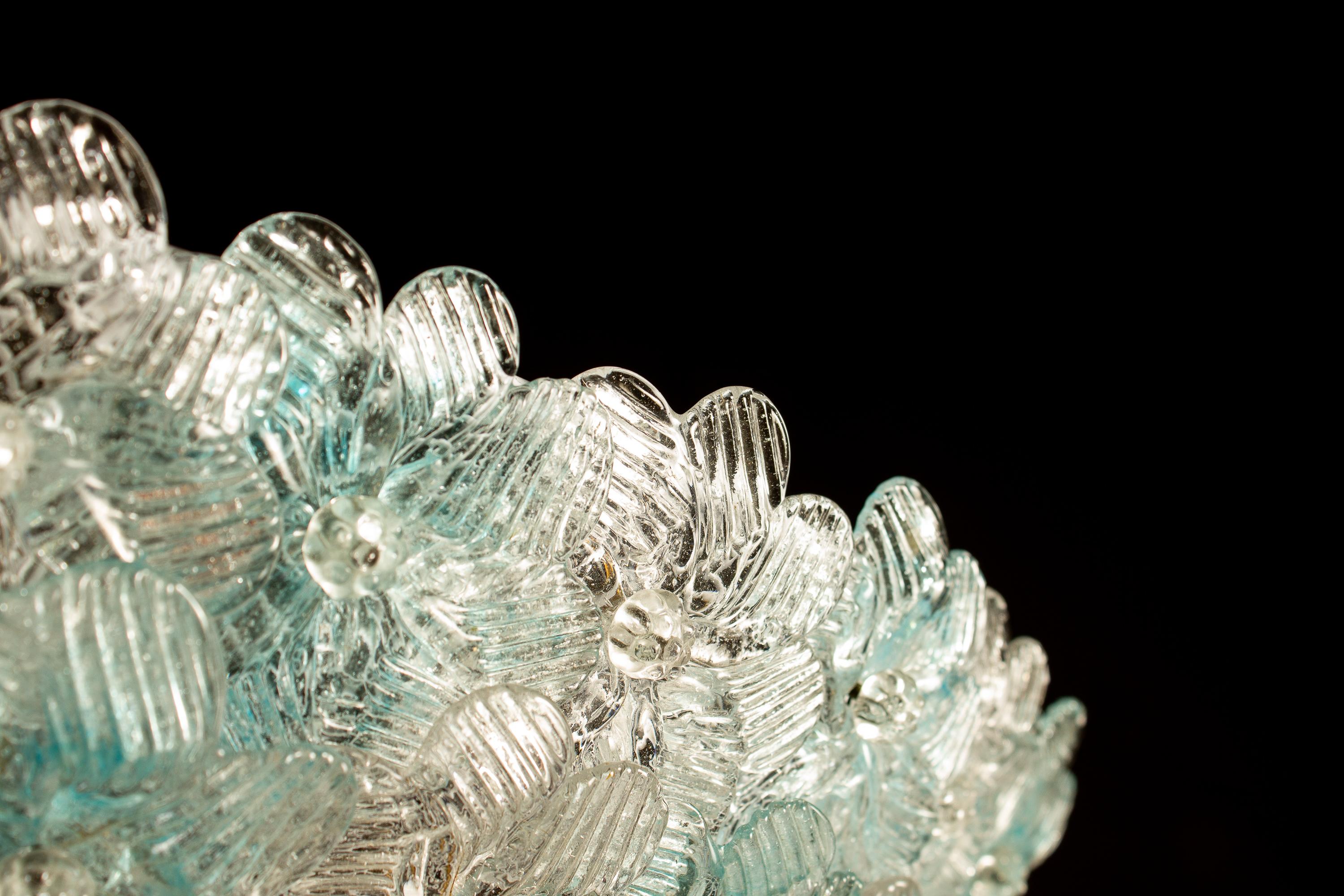 Mid-20th Century Aquamarine and Ice Murano Glass Flowers Basket Ceiling Light by Barovier & Toso