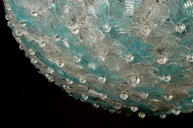 Blown Glass Aquamarine and Ice Murano Glass Flowers Basket Ceiling Light by Barovier & Toso For Sale