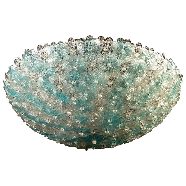 Aquamarine and Ice Murano Glass Flowers Basket Ceiling Light by Barovier & Toso For Sale