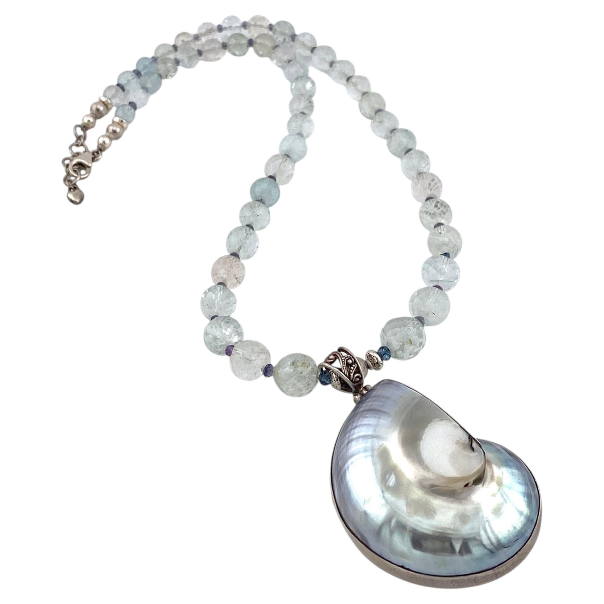 Collar de aguamarina e iolita con colgante de amonoide en marco de plata de ley