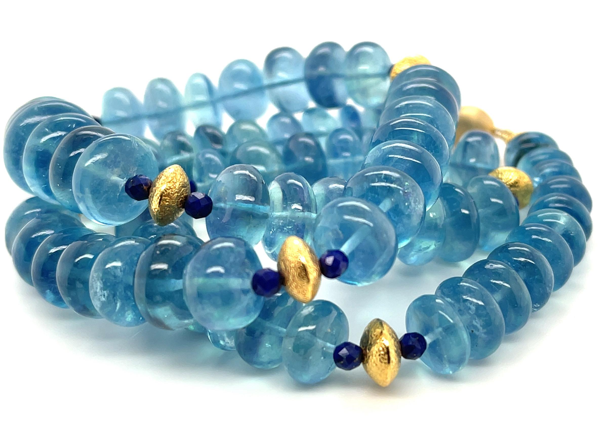 Artisan Aquamarine and Lapis Beaded Necklace with Yellow Gold Accents, 22 Inches For Sale