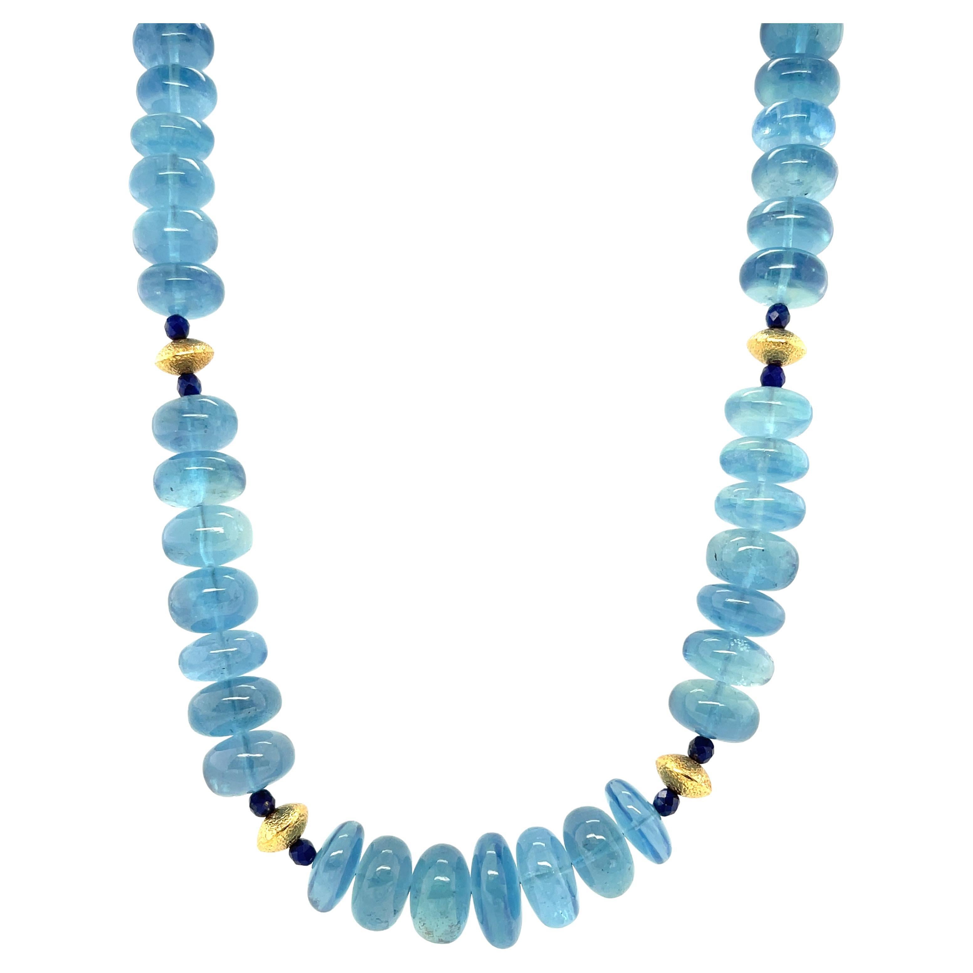 Aquamarine and Lapis Beaded Necklace with Yellow Gold Accents, 22 Inches In New Condition For Sale In Los Angeles, CA