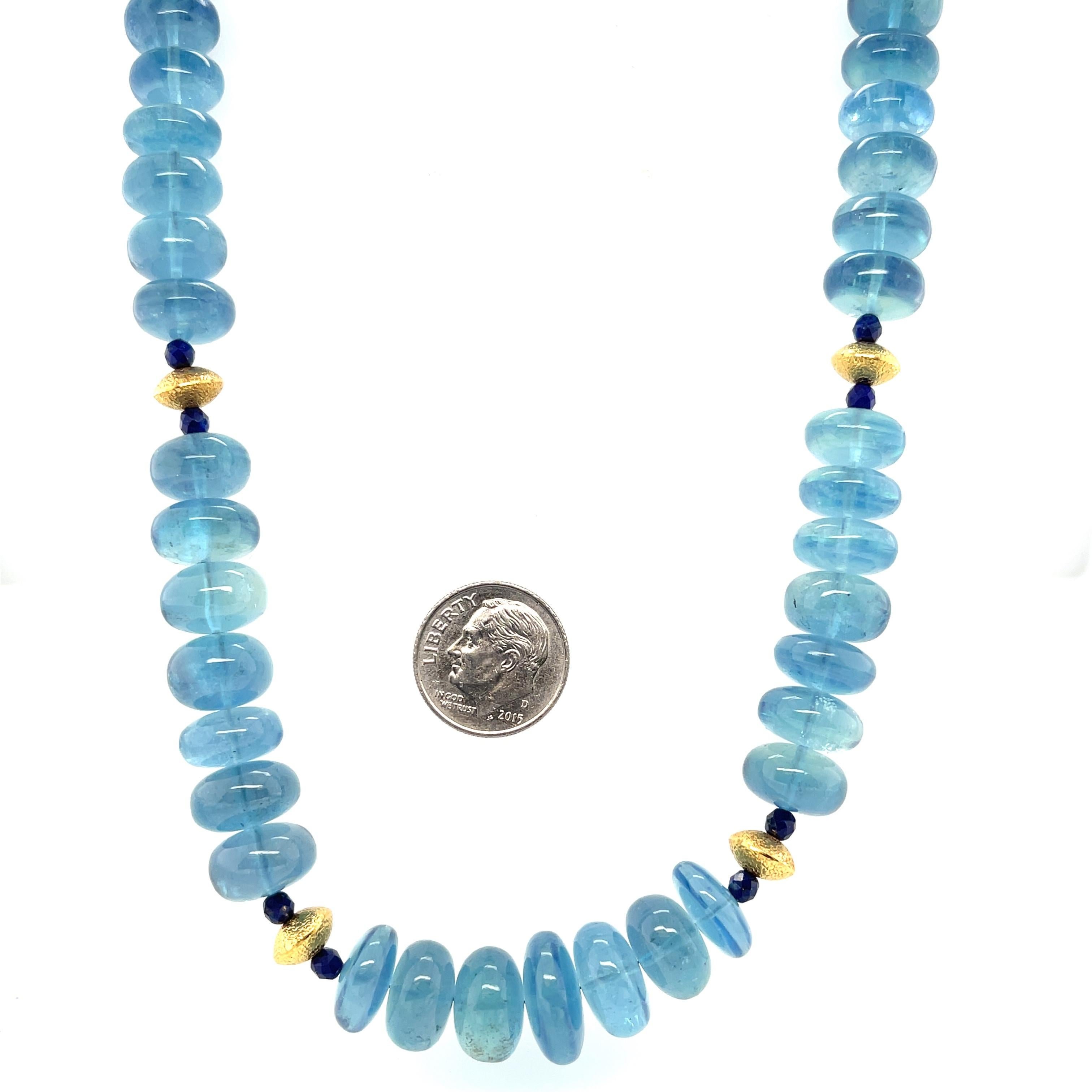 Women's Aquamarine and Lapis Beaded Necklace with Yellow Gold Accents, 22 Inches For Sale