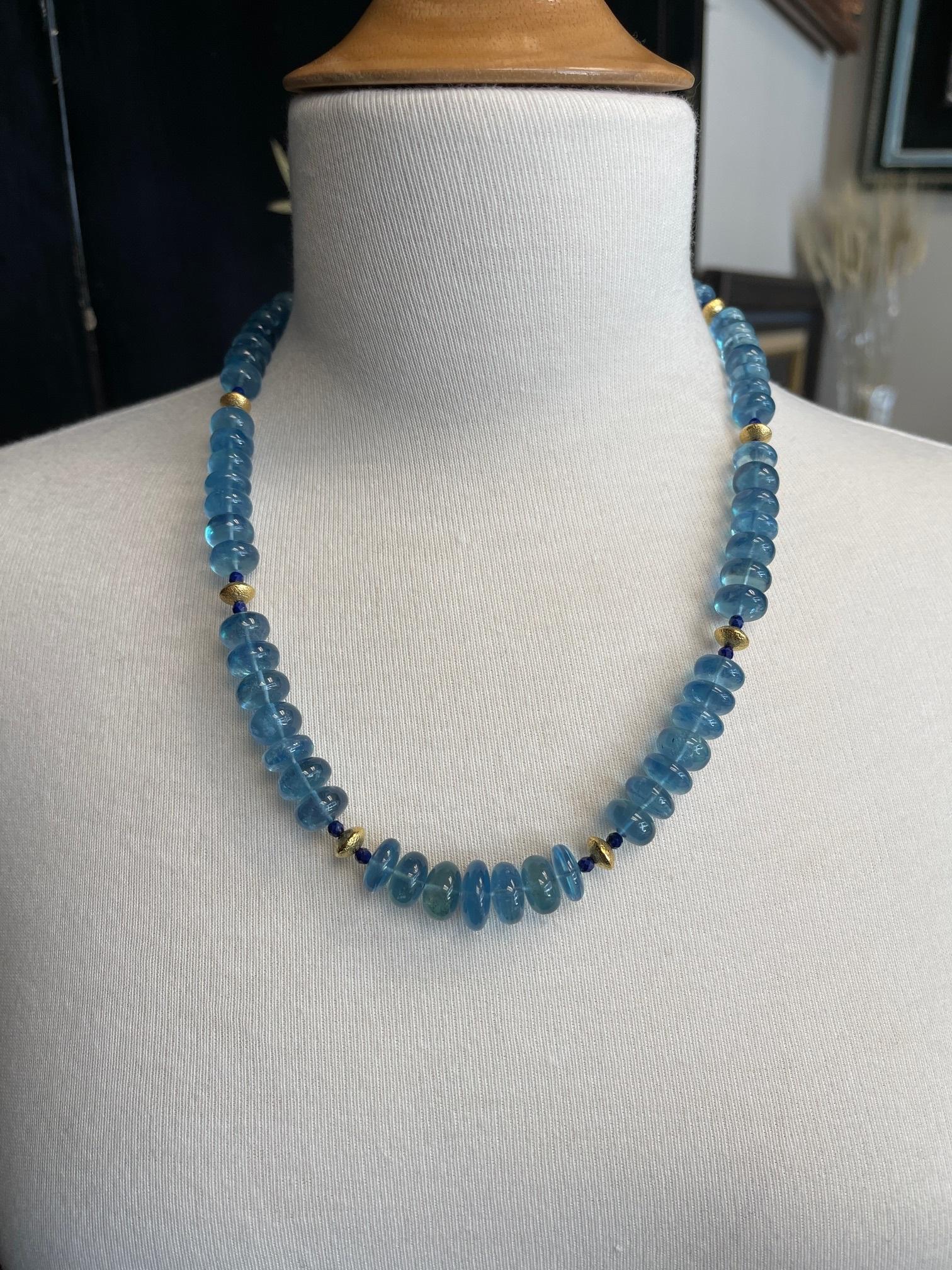 Aquamarine and Lapis Beaded Necklace with Yellow Gold Accents, 22 Inches For Sale 1