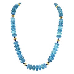 Aquamarine and Lapis Beaded Necklace with Yellow Gold Accents, 22 Inches