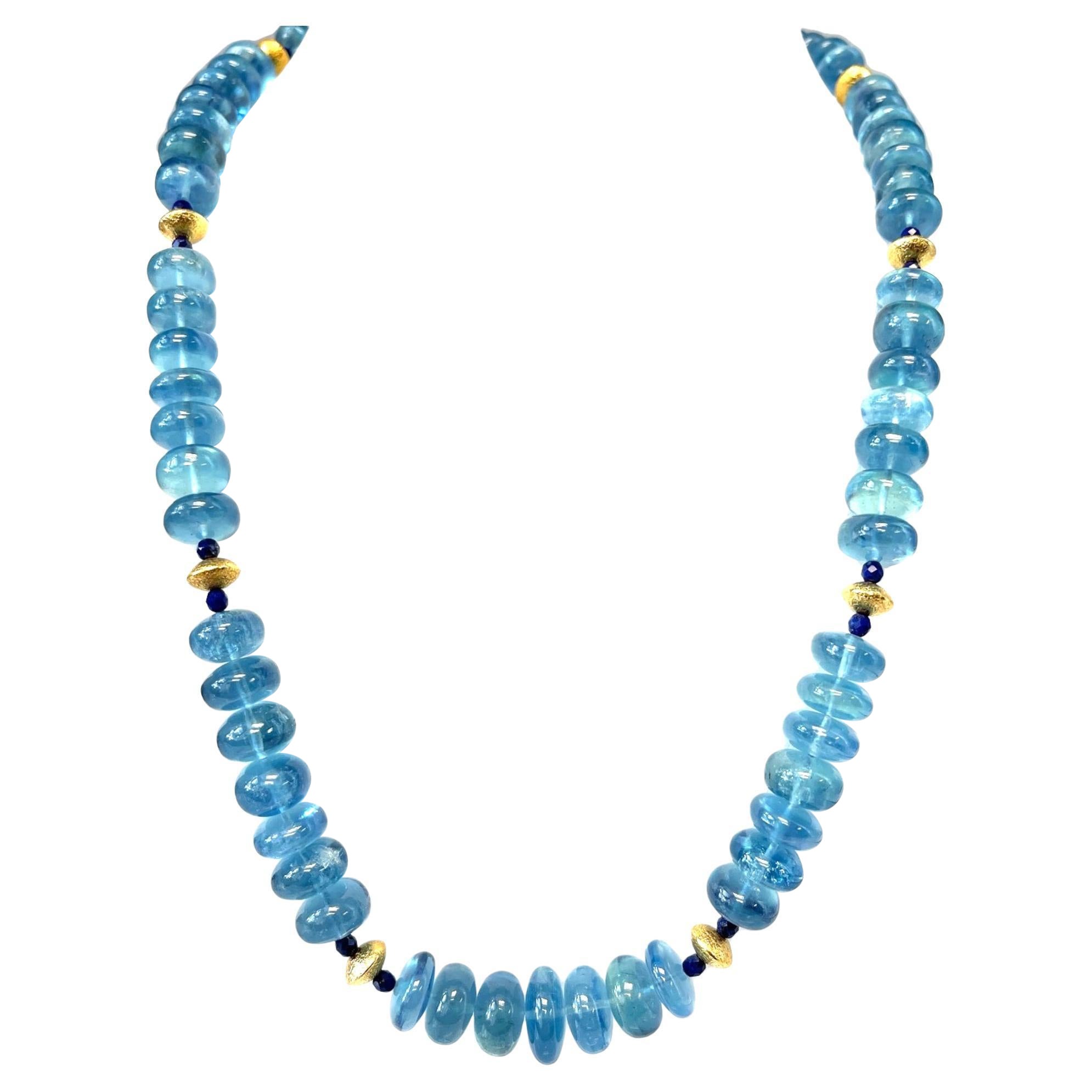 Collier de perles d'aigue-marine et de lapis avec accents en or jaune, 22 pouces