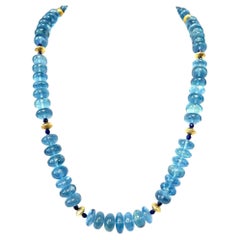 Aquamarine and Lapis Beaded Necklace with Yellow Gold Accents, 22 Inches