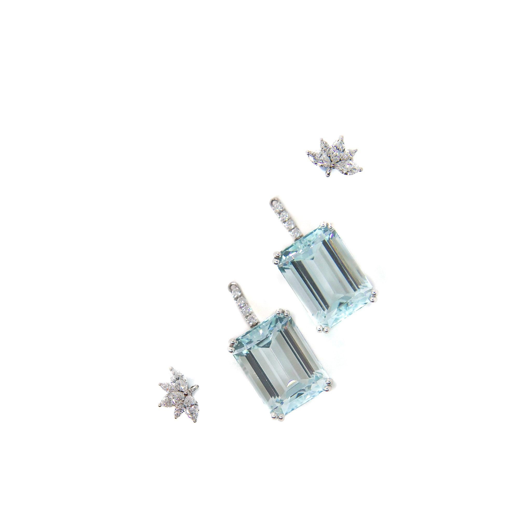 Emerald Cut Aquamarine and Marquise Diamond Two Way Drop Earrings  For Sale 4