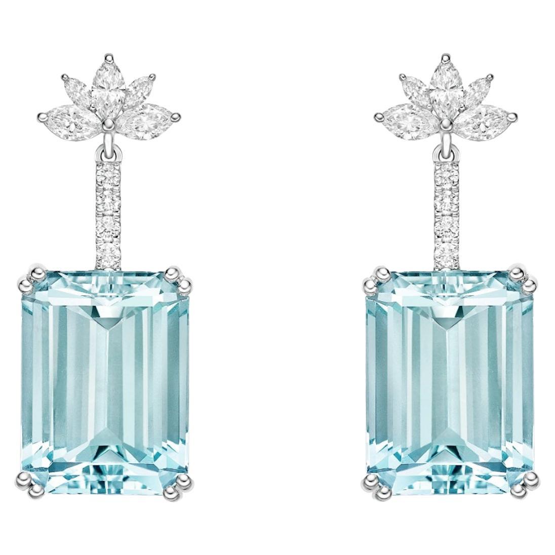 Emerald Cut Aquamarine and Marquise Diamond Two Way Drop Earrings 
