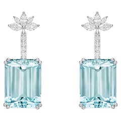 Antique Emerald Cut Aquamarine and Marquise Diamond Two Way Drop Earrings 