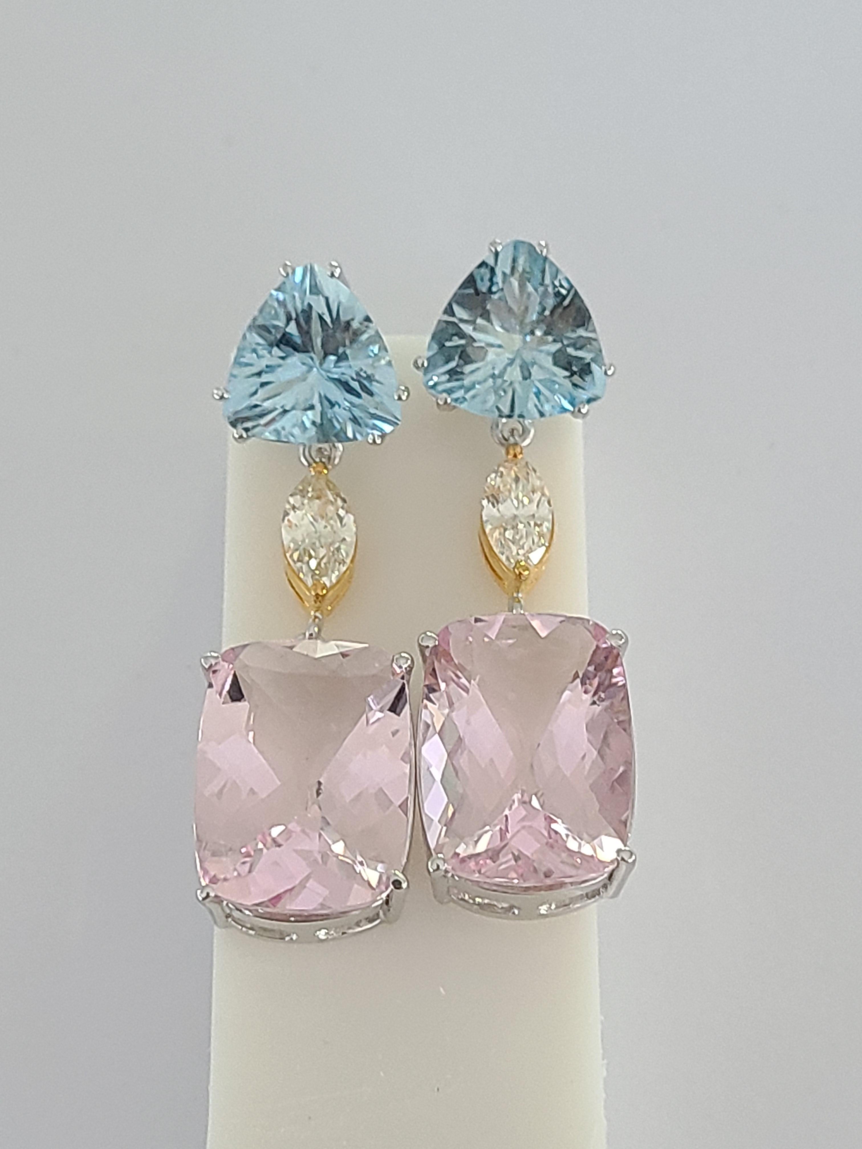 Modern Aquamarine and Morganite Earrings in 18 Karat Gold with Diamonds