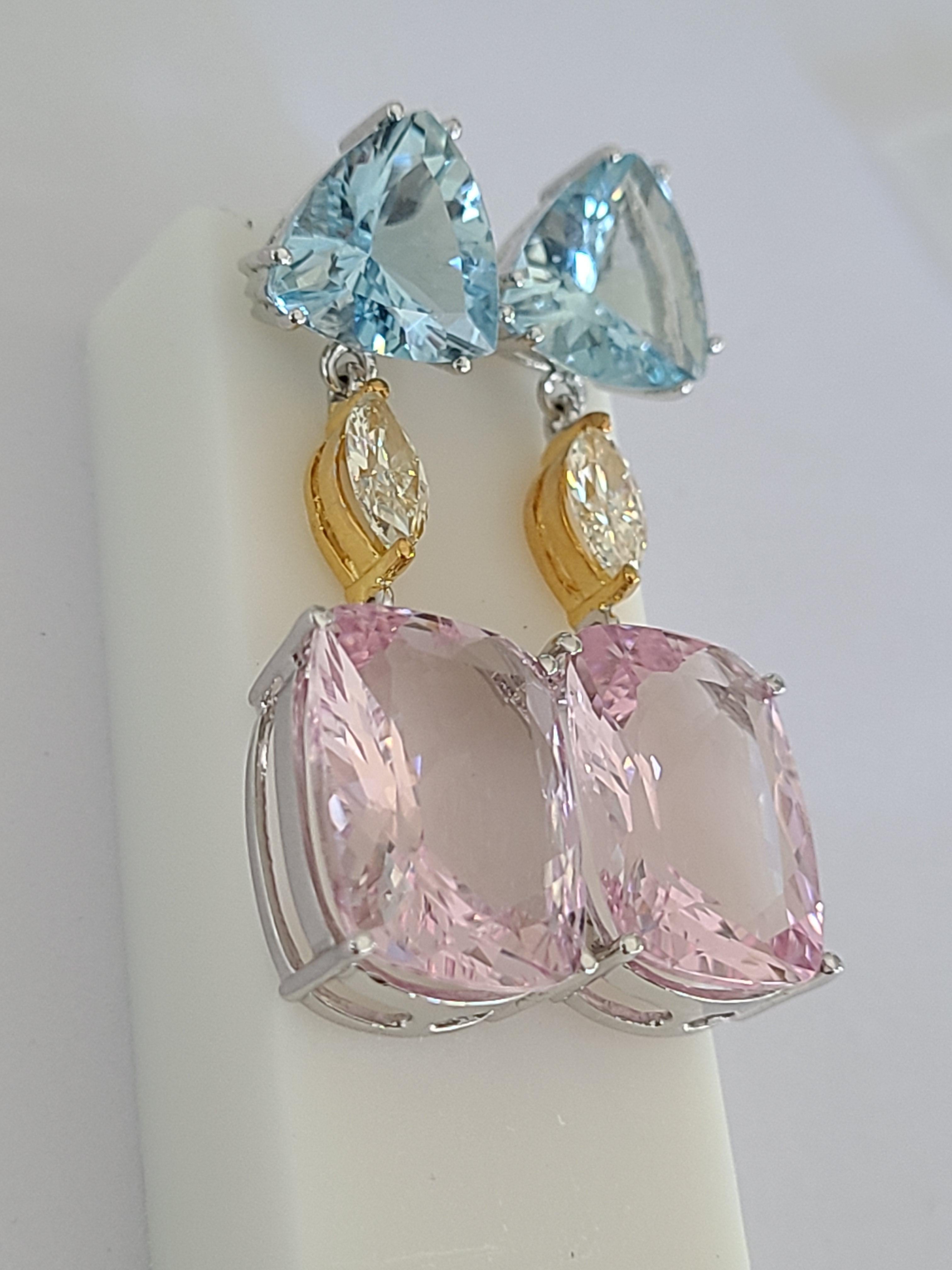 Trillion Cut Aquamarine and Morganite Earrings in 18 Karat Gold with Diamonds