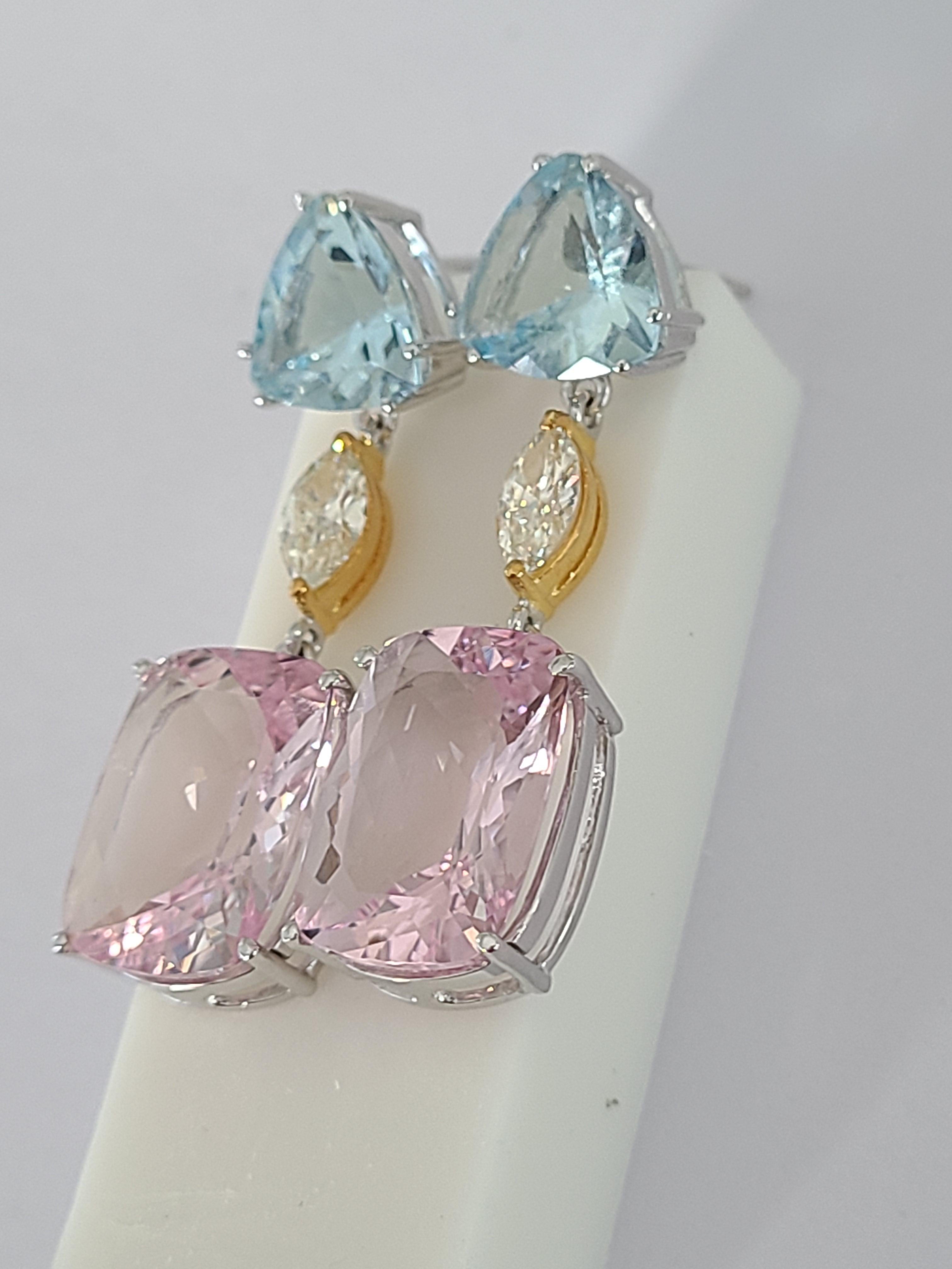 Aquamarine and Morganite Earrings in 18 Karat Gold with Diamonds In New Condition In Hong Kong, HK