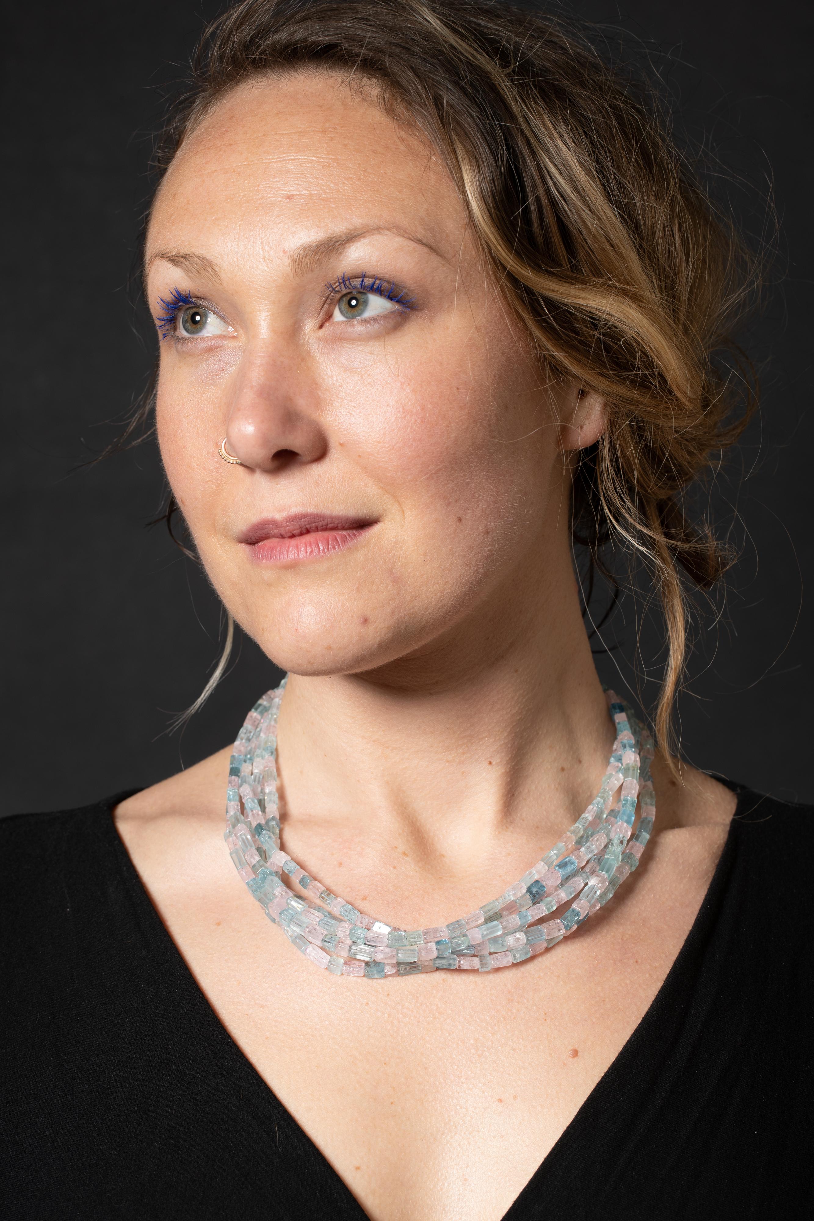 Aquamarine and Morganite Multi-Strand Necklace with Diamond Clasp For Sale 1