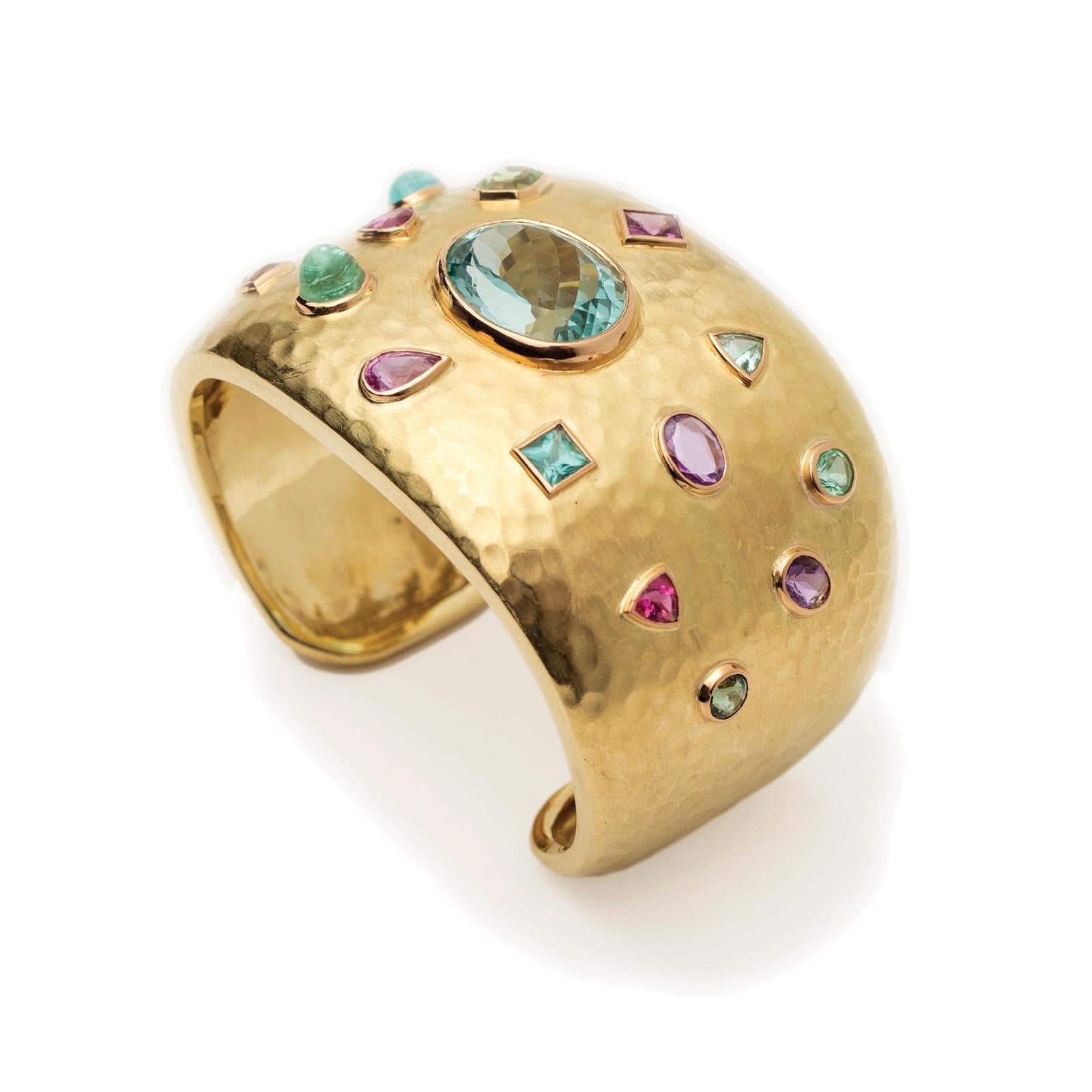 Artisan Susan Lister Locke The Cleopatra Cuff - Hammered 18K Gold set with Gemstones