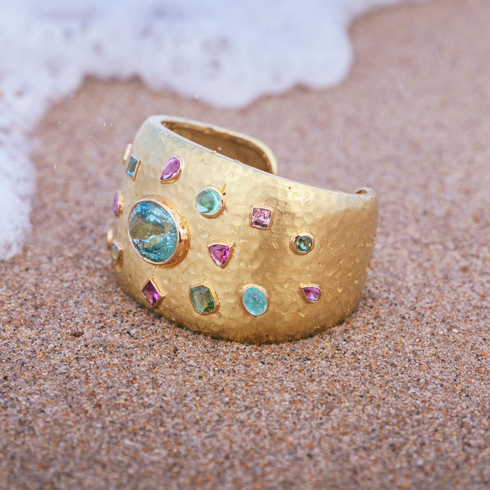 Susan Lister Locke The Cleopatra Cuff - Hammered 18K Gold set with Gemstones In New Condition In Nantucket, MA