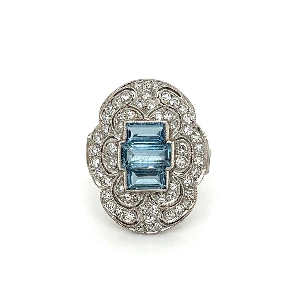 Mixed Cut Aquamarine and OEC Diamond Platinum Vintage Cocktail Ring Estate Fine Jewelry For Sale