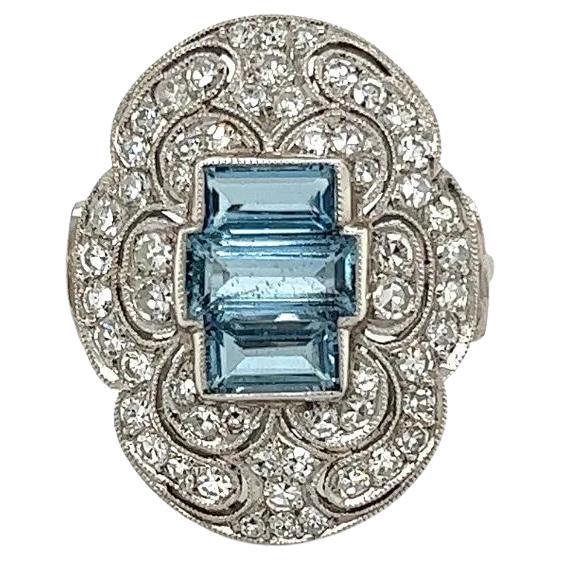 Aquamarine and OEC Diamond Platinum Vintage Cocktail Ring Estate Fine Jewelry