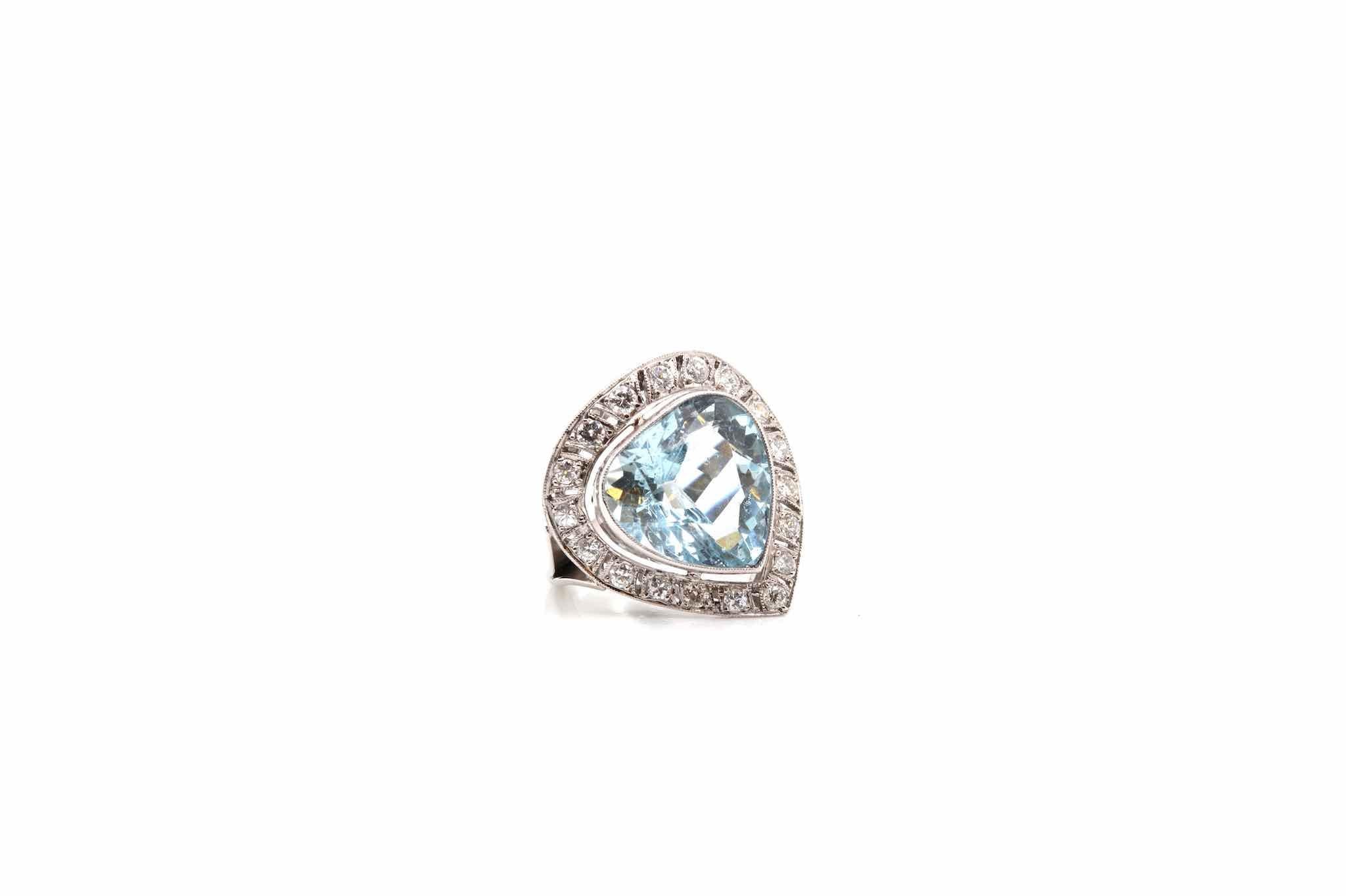 Heart Cut  Aquamarine and old cut diamonds ring For Sale