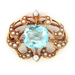 Broche antiguo de aguamarina y perlas