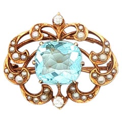 Broche antiguo de aguamarina y perlas