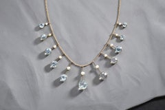 Aquamarine and Pearl Drop Gold Fringe Necklace