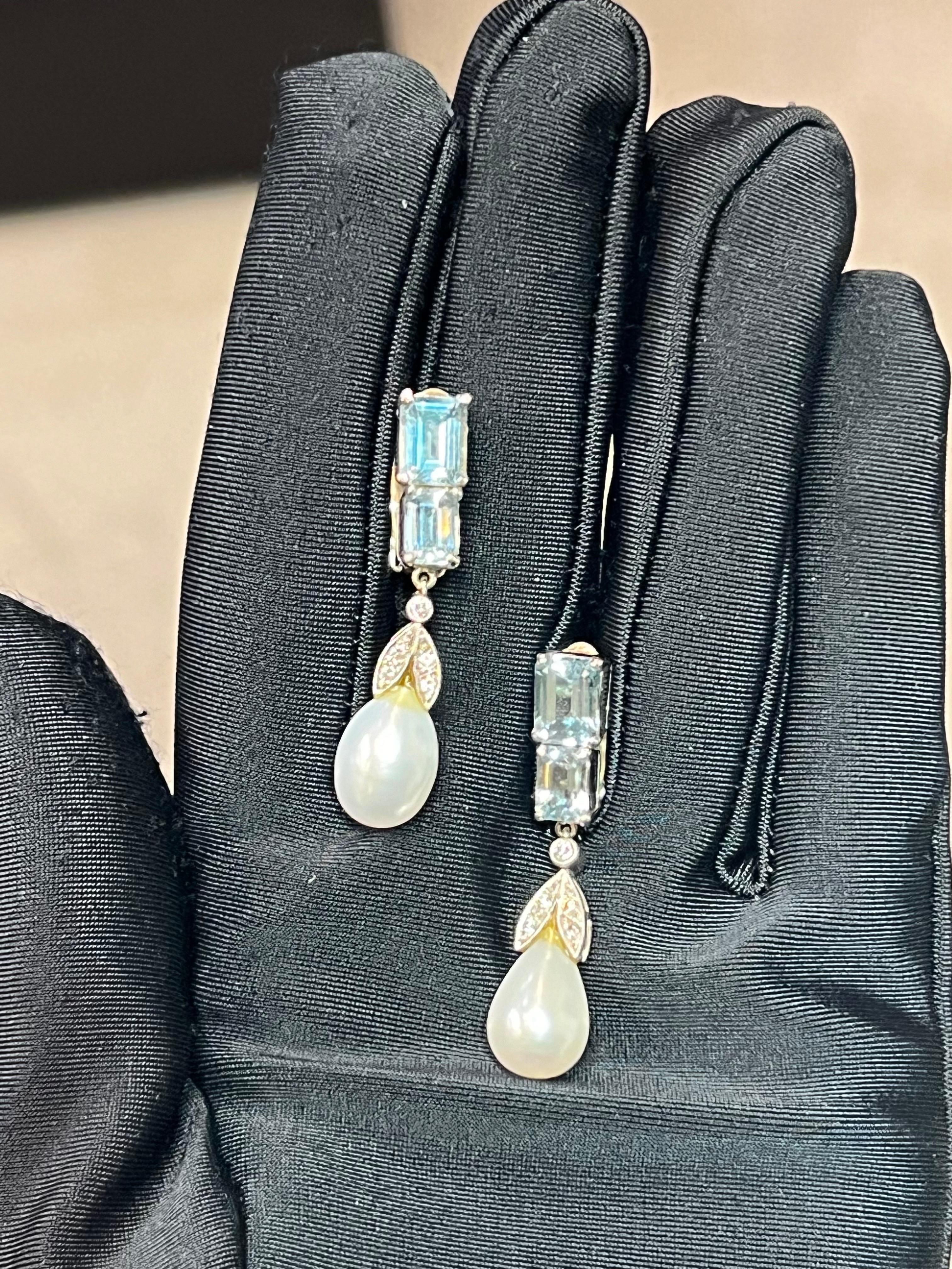 Mixed Cut Aquamarine and Pearl Earrings For Sale