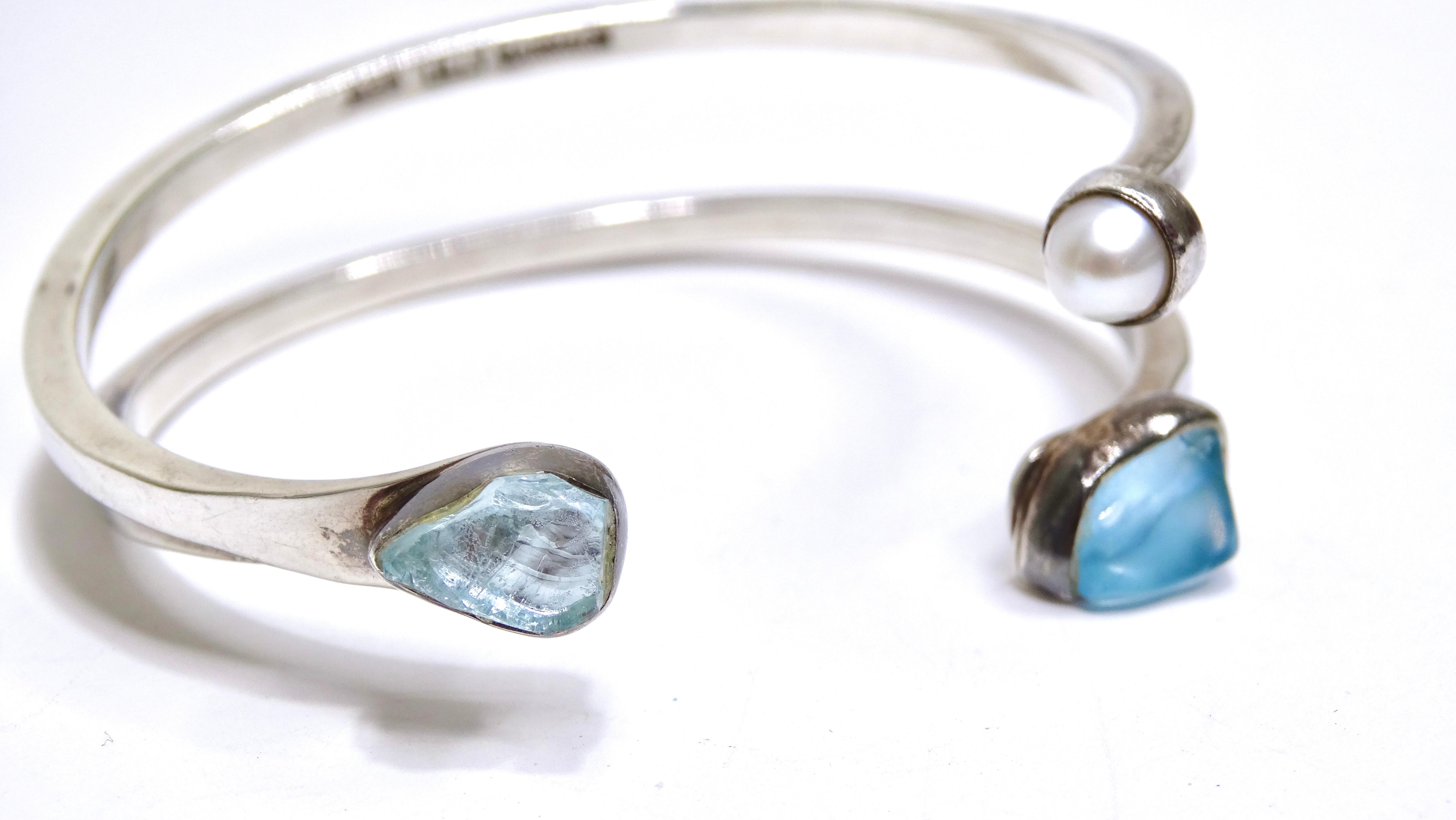 Oval Cut Aquamarine and Pearl Lilly Barrack Cuff Bracelet