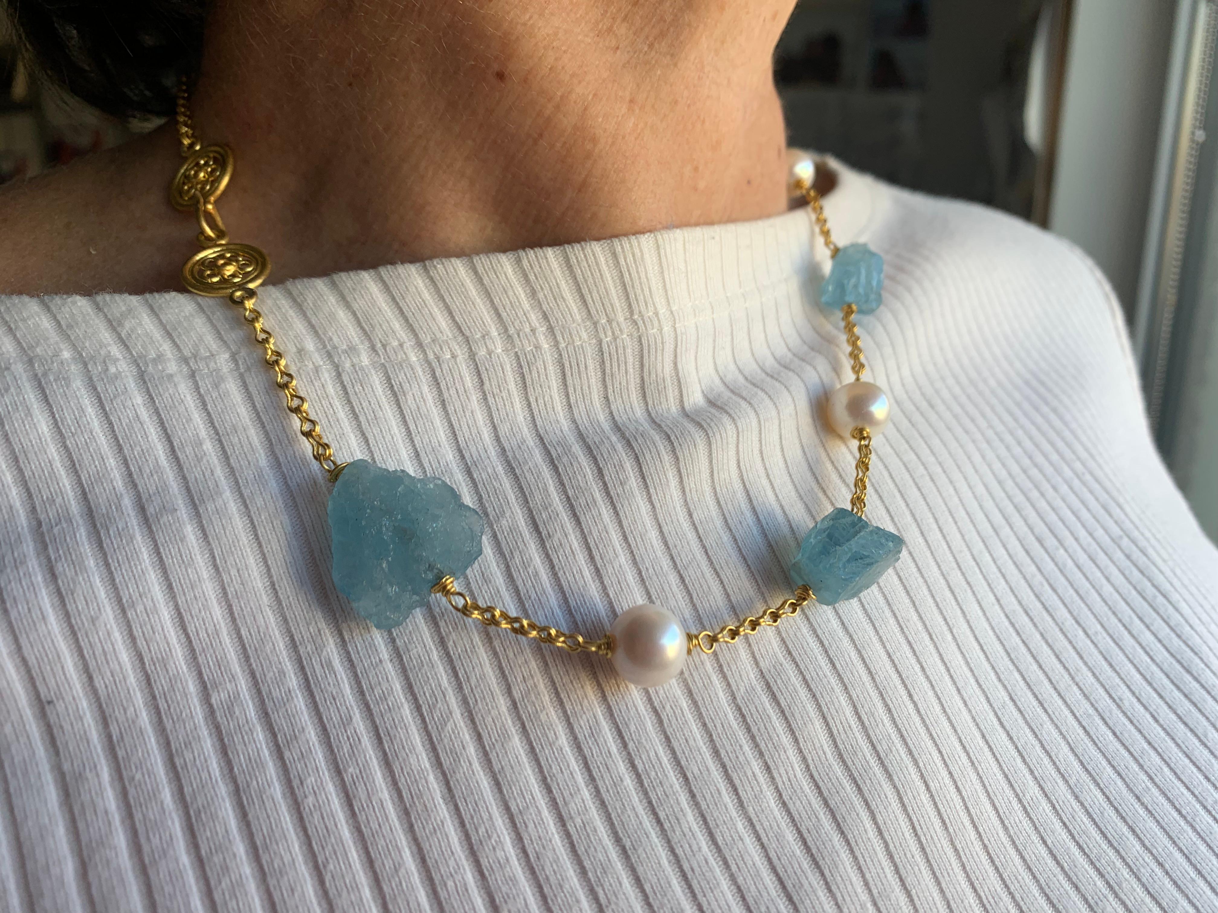 Artist Aquamarine and Pearl Necklace 22 Karat Gold For Sale