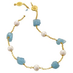 Aquamarine and Pearl Necklace 22 Karat Gold