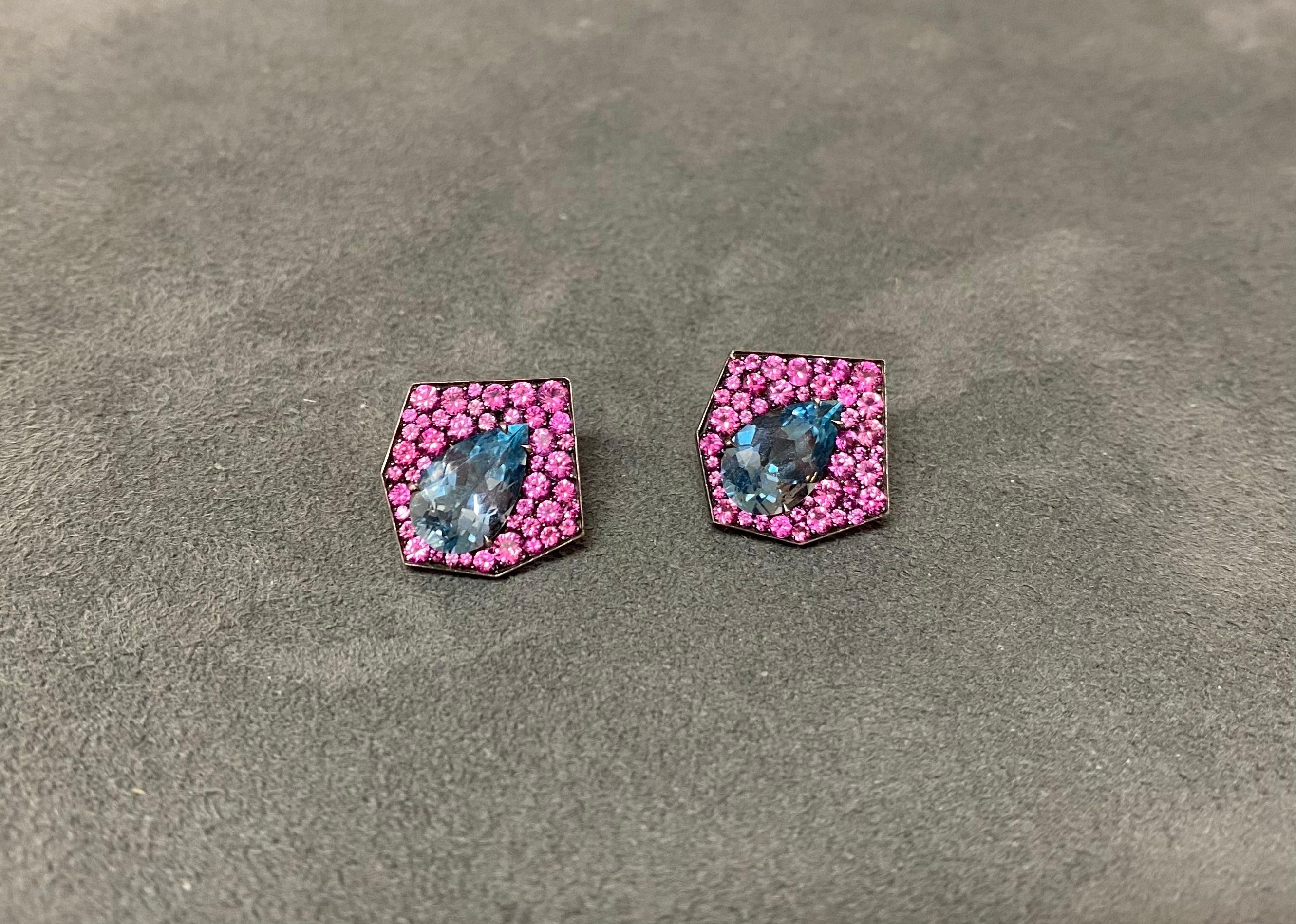 Pear Cut Aquamarine and Pink Sapphire Earrings For Sale